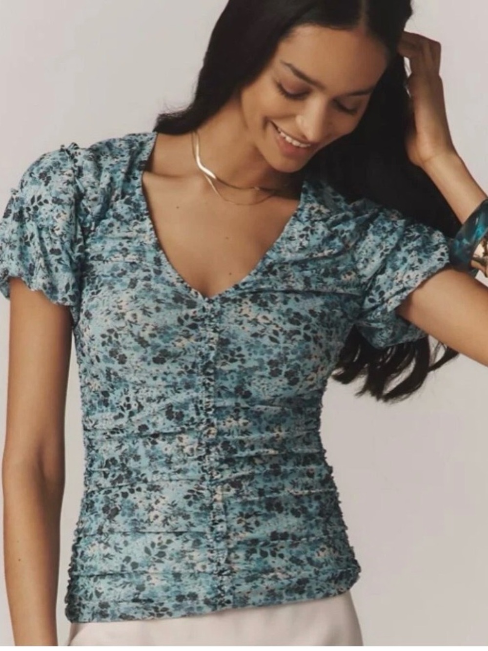 Anthropologie Floral Romantic Boho Shirred Mesh‎ Ruched Stretchy Top Size XS
